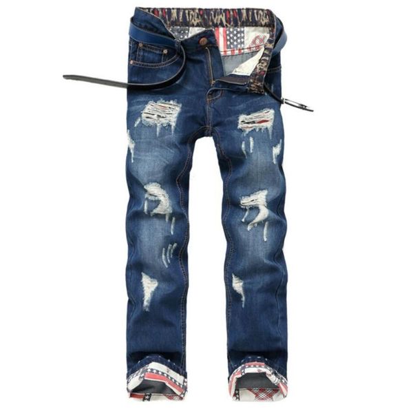 Jeans masculino Barco Skull Print Ripped Hole Cotton Blue Autumn Hip Hop Streetwear Men calça Pontas retas e machos