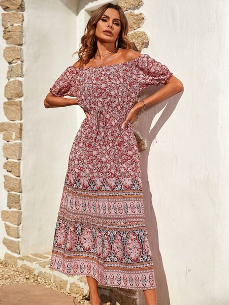 

off shoulder floral print puff sleeve dress k6lw#, Black;gray