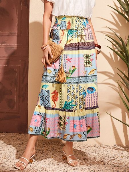 

patchwork print shirred ruffle hem skirt 43ks#, Black