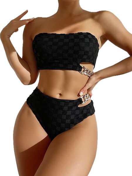 

cut-out chain decor bandeau bikini swimsuit f4os#, White;black