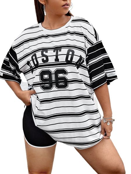 

plus striped & letter graphic drop shoulder tee f1kp#, Black