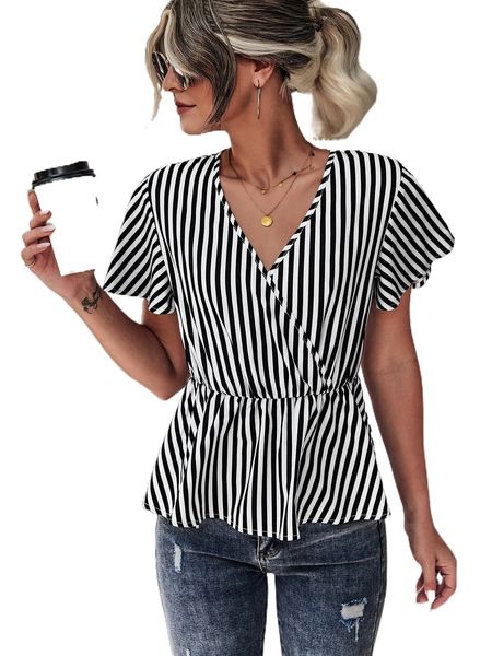 

striped flutter sleeve overlap collar peplum hem blouse i9dx#, White