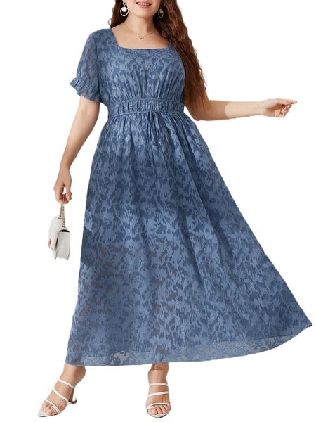 

plus jacquard flounce sleeve knot front dress s3k2#, Black