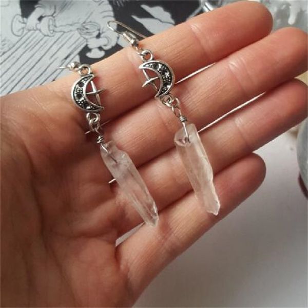 

dangle clear quartz moon earrings - boho, witchy, natural stones, esoteric, celestial, alternative, nugoth, gothic, romantic.star gift gc103, Silver