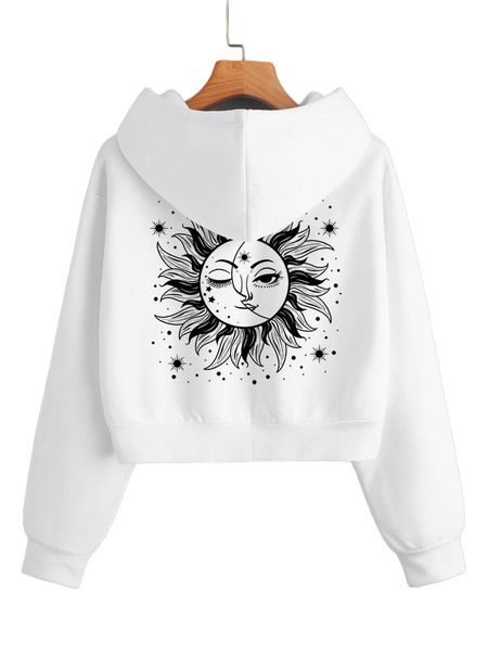 

abstract sun print thermal lined crop hoodie 07nx#, Black