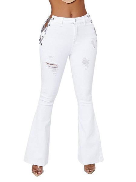 

sxy chain lace up side ripped flare leg jeans j8xk#, Blue