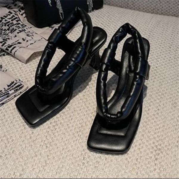 

women high heels sandals for ladies fashion square toes open toe sandal slippers female flip flops pumps shoes, Black