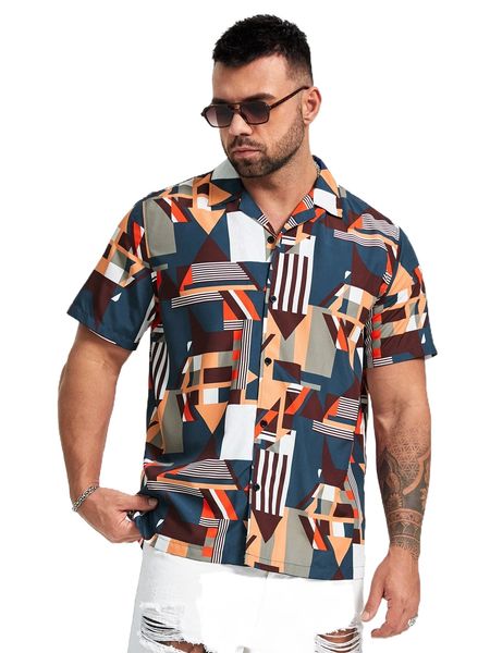 

extended sizes men geo print shirt z5mw#, White;black
