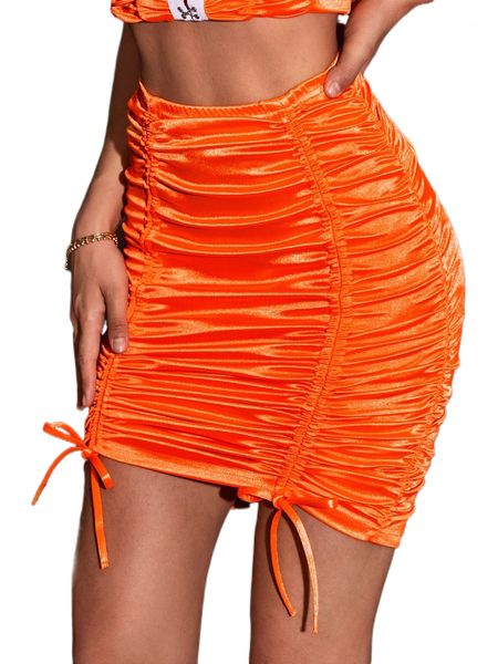

neon orange ruched drawstring satin skirt y7sr#, Black
