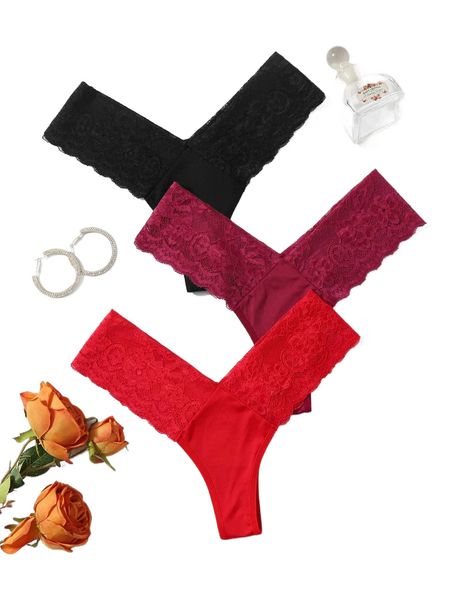 

3pack contrast lace thong m9m4#, Black;red