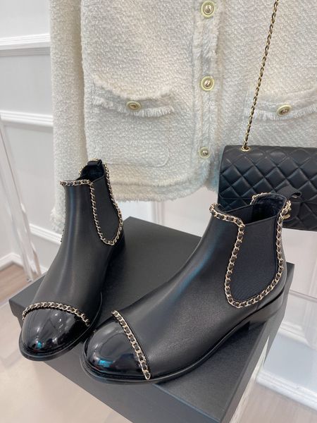 Chanelliness Boots pürüzsüz deri kadın ayakkabı ayak bileği yarı zincir siyah beyaz bej moda platform kar patik boyutu 35-41