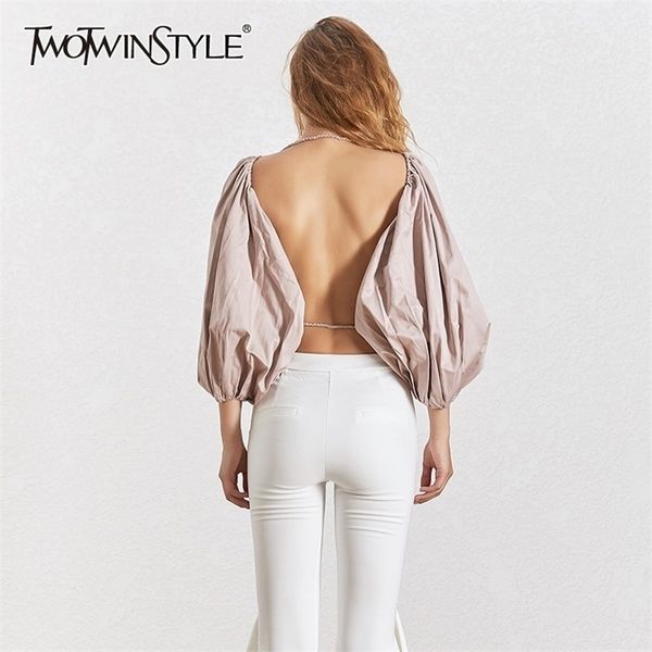 

twotwinstyle summer backless blouse female lantern sleeve shirt women casual clothes fashion 210308, White