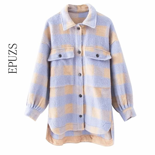 

fashion purple plaid women coats and oversized long sleeve jackets women long woolen jacket casual plaid female long shirt 201222, Black