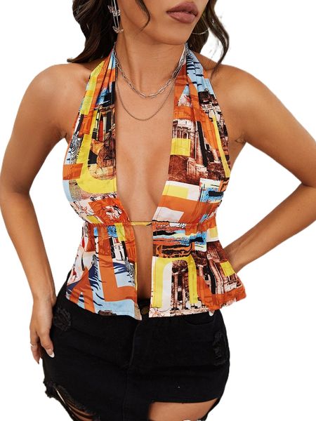 

tie backless graphic pattern crop halter f6vy#, White