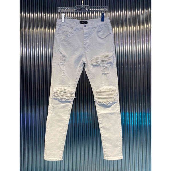 

fit amirly patching new jeans high hole street slim fashion legged brand men white worn, Blue