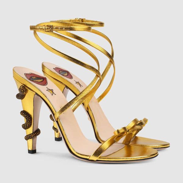 Sandálias de metal douradas cobra em torno do calcanhar sexy mulheres salto alto laço salto alto sapatos de festa de verão tira no tornozelo estilingue gladiador