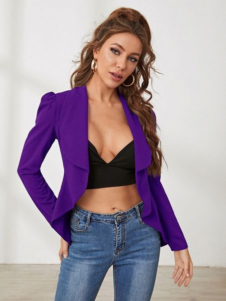 

shawl collar gigot sleeve asymmetrical hem blazer c4jz#, White