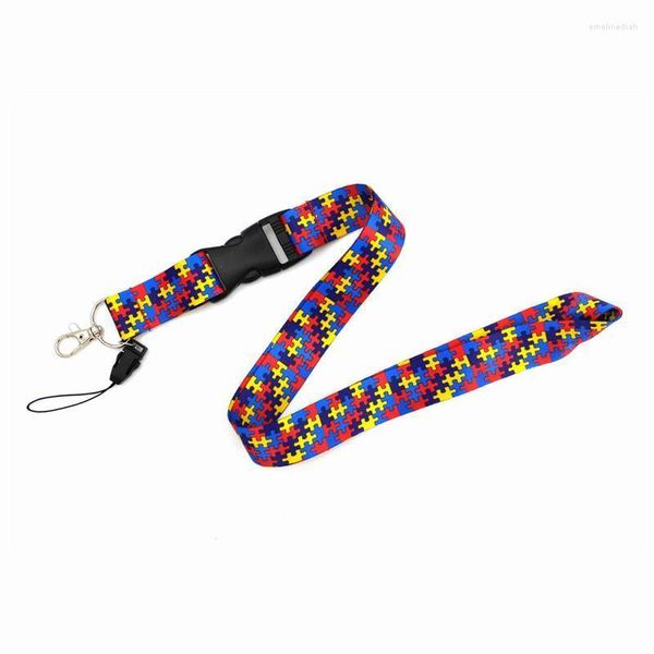 Schlüsselanhänger Doppelseiten Buntes Puzzle-Druck-Lanyard für Schlüsseltelefone ID-Tag-Abzeichenhalter Anti-Verlust-Gurt Autismus-Pflege-Halskette Emel22