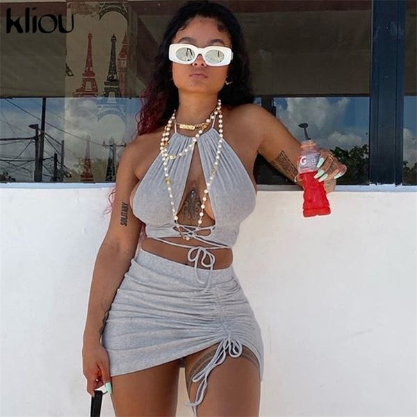 

kliou women halter bandage two piece outfits sleeveless backless crop stacked skirt matching set solid skinny clubwear lj201120, White