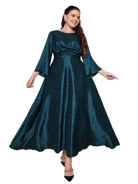 

plus leopard jacquard trumpet sleeve dress 419g#, Black