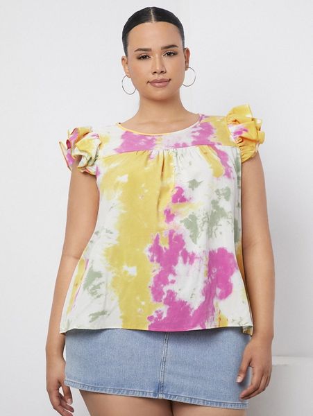 

plus tie dye ruffle sleeve c0aw#, Black