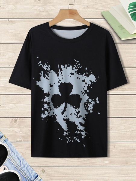 

men three-leaf clover & splatter paint print tee l4hr#, White;black