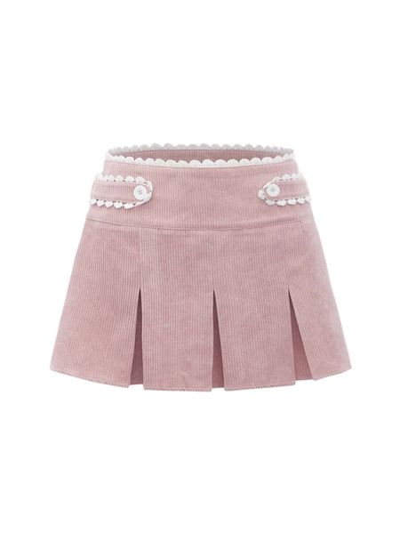 

double button detail lace trim corduroy skirt x1bj#, Black