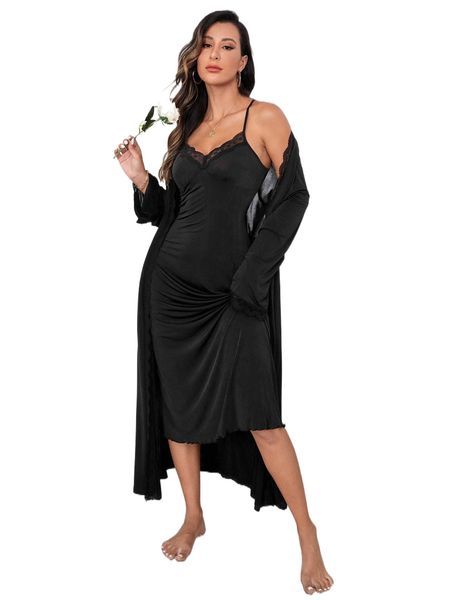 

lace trim slip sleepdress & robe pajama set with belt y7cq#, Black;red