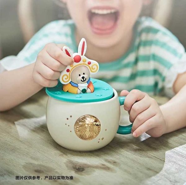 

2021 starbucks cup mid autumn festival metal nameplate cute rabbit bear ceramic mug water cup with cover 340ml