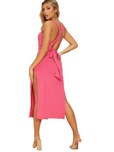 

plunging neck draped criss cross tie back split thigh dress j30t#, Black;gray