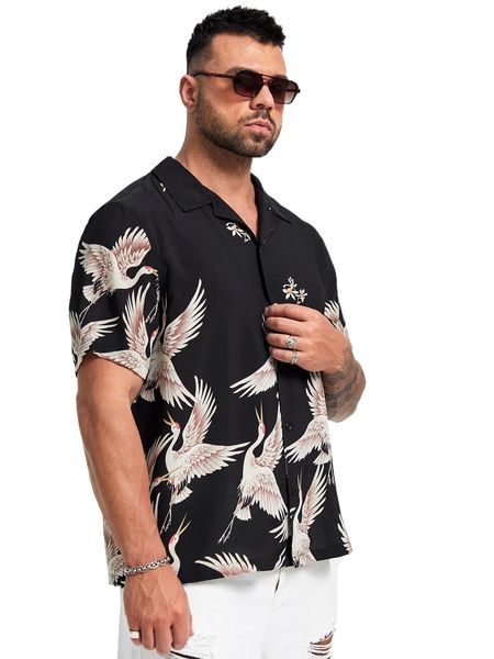 

extended sizes men floral & crane print shirt a9zd#, White;black