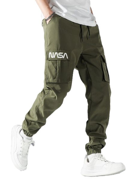 

men letter graphic slant pocket drawstring waist pants t07e#, Black