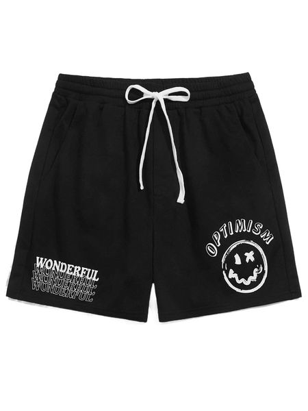 

men letter & cartoon face print drawstring waist shorts 41yj#, White;black