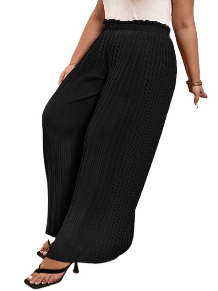 

frenchy plus paperbag waist pleated wide leg pants r1ql#, Black