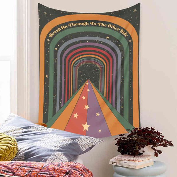 Tapestry Vintage Rainbow Carpet Wall Hanging Boho Retro Moon Phase Flower Table