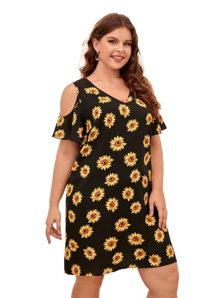 

plus cold shoulder floral print dress e8ts#, Black