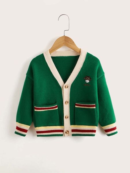 

toddler boys striped & cattle pattern double pocket drop shoulder cardigan she, Blue