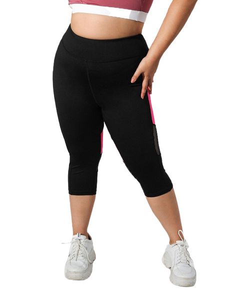 

plus colorblock contrast mesh sports leggings h32q#, Black