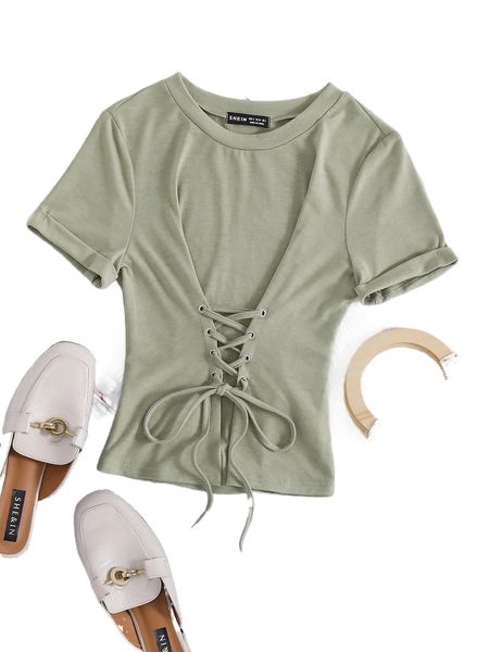 

roll cuff lace up tee g1p6#, White