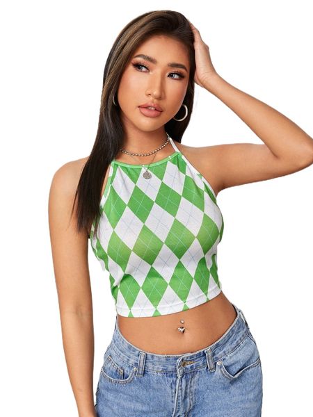 

argyle print contrast binding crop halter j7zr#, White
