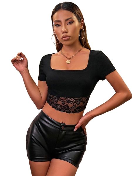 

contrast floral lace square neck crop j0x2#, White