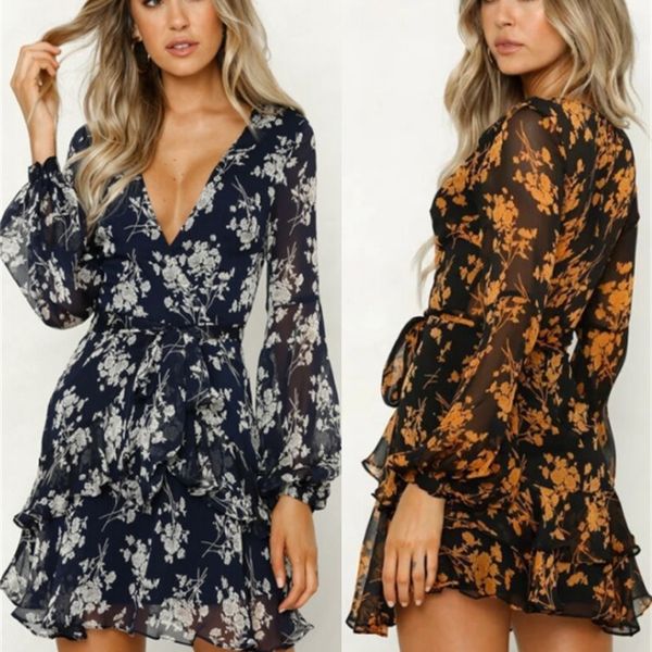 

women's long sleeve v-neck loose lantern sleeve fashion floral dress autumn summer casual flowers printing dresses 220516, Black;gray