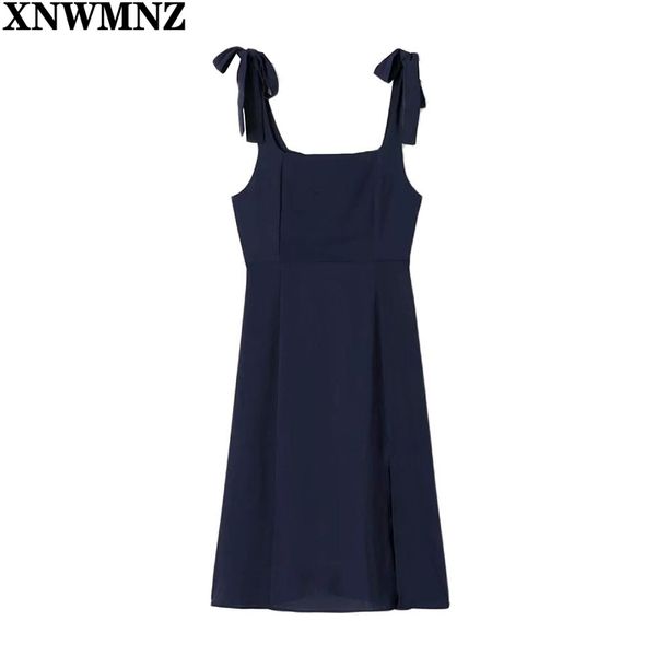 

xnwmnz french hem slit plain color women dress summer adjust tie bow strap sleeveless es female beach party 210513, Black;gray