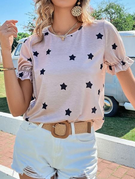 

star print flounce sleeve tee q4re#, White