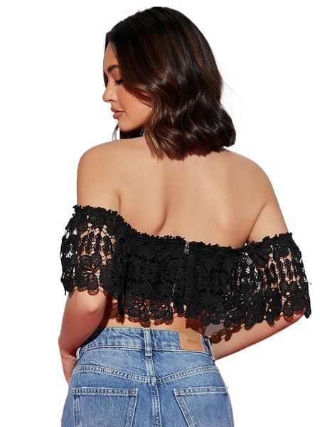 

off shoulder exposed zipper back guipure lace overlay 26c1#, White