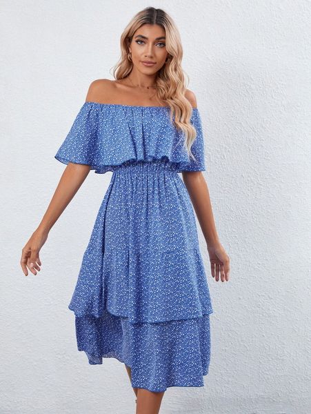 

fold off shoulder ditsy floral dress i74m#, Black;gray