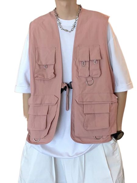

men flap pocket d-ring buckle front vest jacket i49m#, Black;brown