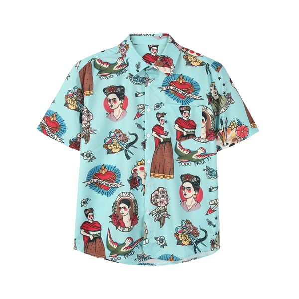 

european and american men's wear summer 2022 new short sleeve lapel single breasted cartoon character print fashion shirt, White;black