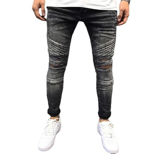 

men's jeans mens frayed fold elastic casual slim pants high street pencil men fashion hole skinny denim, Blue