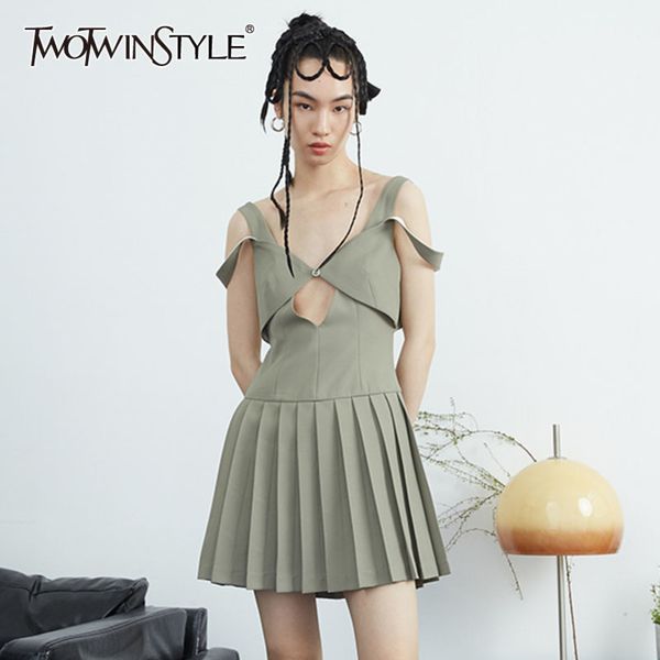 

hollow out mini dress for women v neck sleeveless high waist pleated summer dresses female fashion style 210423, Black;gray